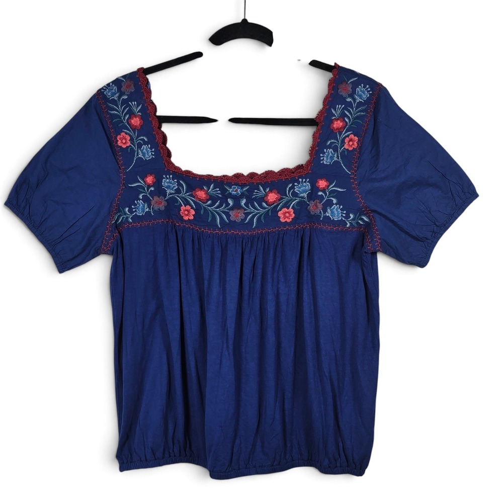 Lucky Brand Blouse Women Large Peasant Blue Floral Embroidered Short Sleeve Boho